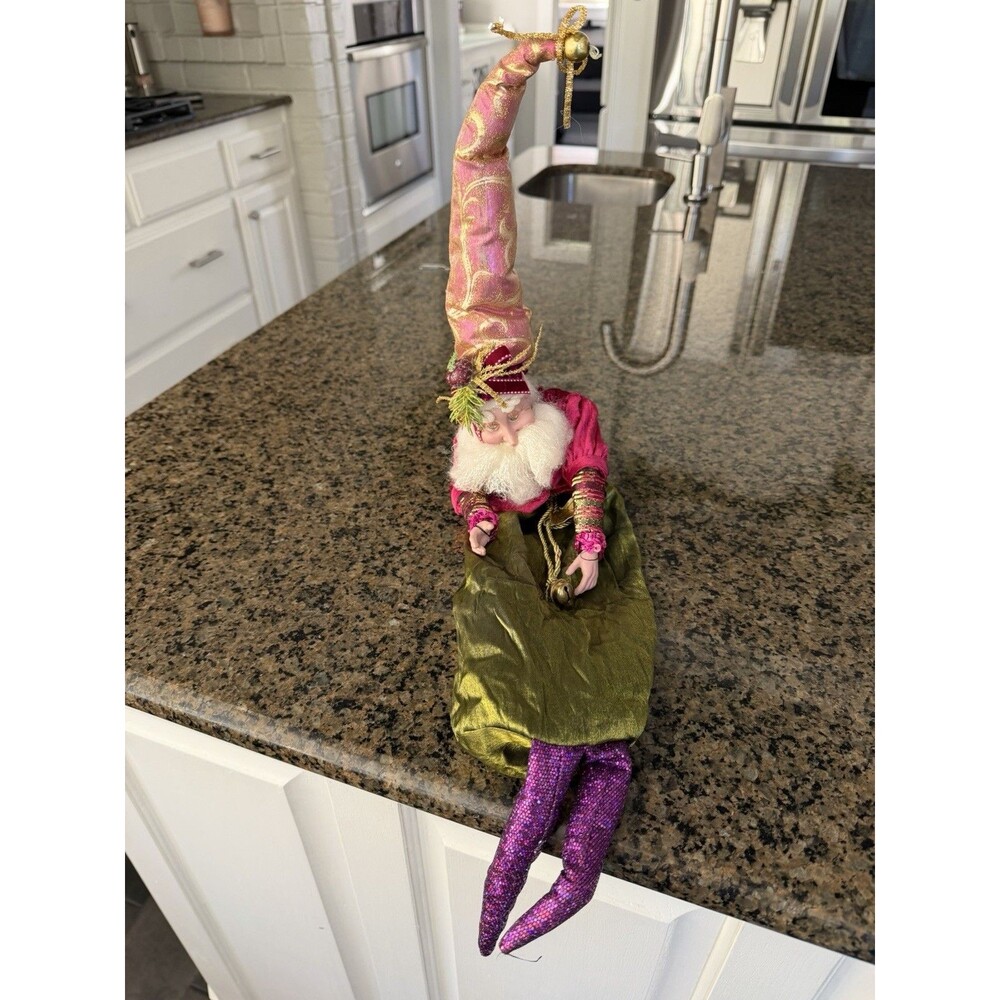 Mark Roberts Christmas Jester Elf Wine Bottle Topper Cover Pink Velvet New